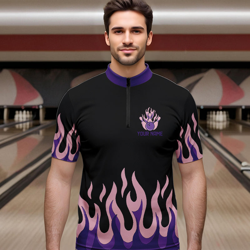 Black and Purple Flame Retro Bowling Polo, Quarter Zip Shirt for Men Custom Bowling Team Jerseys NQS9427