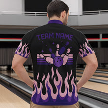 Load image into Gallery viewer, Black and Purple Flame Retro Bowling Polo, Quarter Zip Shirt for Men Custom Bowling Team Jerseys NQS9427