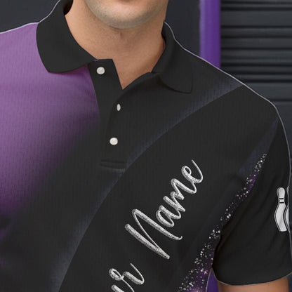 Black and Purple Glitter Flower Bowling Polo, Quarter Zip Shirt for Men Custom Bowling Team Jerseys NQS9432