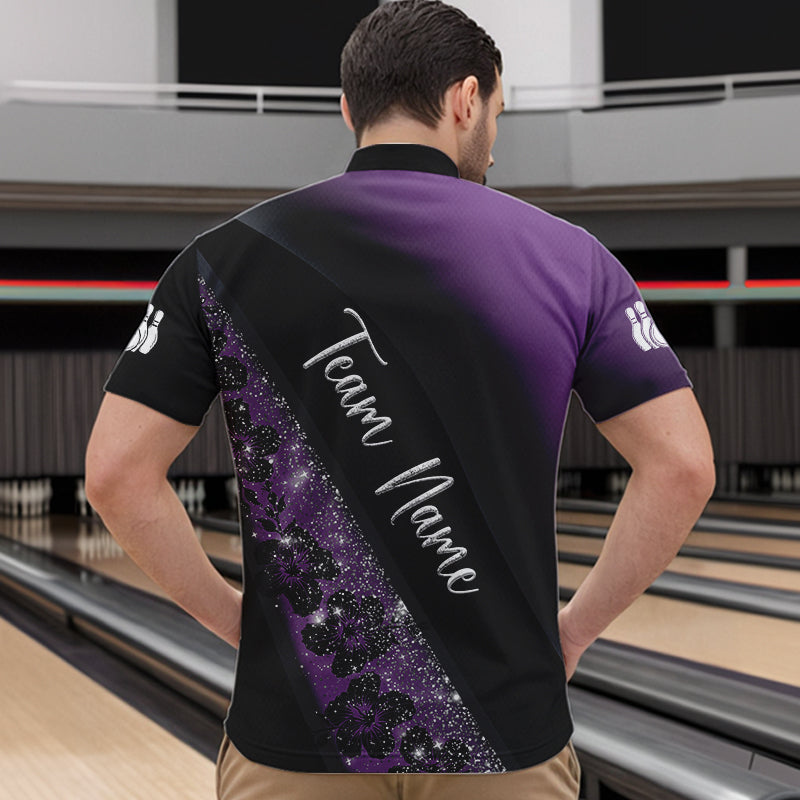 Black and Purple Glitter Flower Bowling Polo, Quarter Zip Shirt for Men Custom Bowling Team Jerseys NQS9432