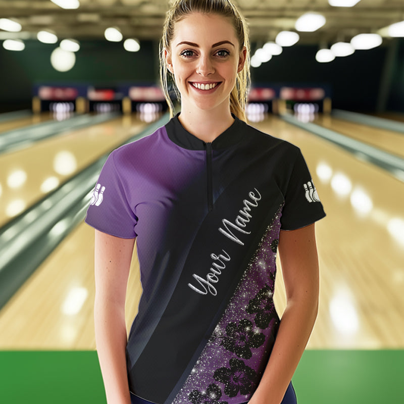 Black and Purple Glitter Flower Bowling Polo, Quarter Zip Shirt for Women Custom Bowling Team Jerseys NQS9432