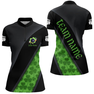 Black & Green Shamrock St Patrick Day Bowling Polo, 1/4 Zip Shirt for Women Custom Bowling Team Jersey NQS9434