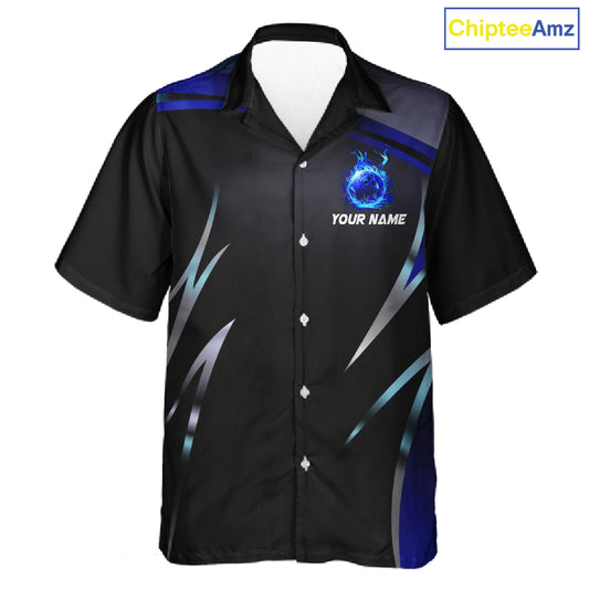 Black and blue Bowling Hawaiian Shirt Custom Team bowling button up shirts with flames NQS11531