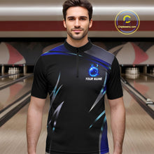Load image into Gallery viewer, Black and blue Bowling Polo, Quarter Zip Shirts for Men Custom Team bowling shirts with flames NQS11531