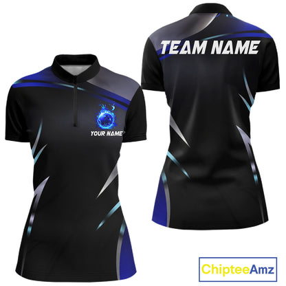 Black and blue Bowling Polo, Quarter Zip Shirts for Women Custom Team bowling shirts with flames NQS11531