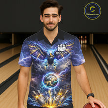 Load image into Gallery viewer, Custom Blue Lightning Thunder Eagle bowling team button up shirts, Bowling jersey gift for bowlers NQS11537
