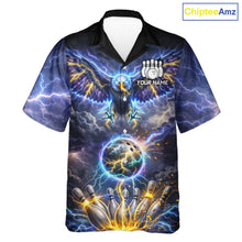 Load image into Gallery viewer, Custom Blue Lightning Thunder Eagle bowling team button up shirts, Bowling jersey gift for bowlers NQS11537