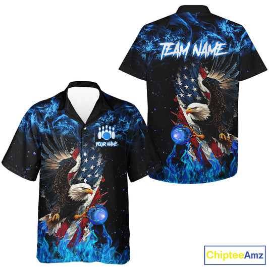 Blue Flame American Flag Eagle Bowling hawaiian shirt Custom Bowling Team button up shirts NQS9606