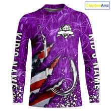 Load image into Gallery viewer, American flag fish hook purple camo custom sun protection performance long sleeve fishing shirt NQS10013