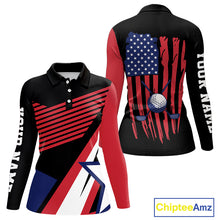 Load image into Gallery viewer, American Flag Golf polo shirts For Women custom patriotic golf top for ladies, golfing gifts | Black NQS10016