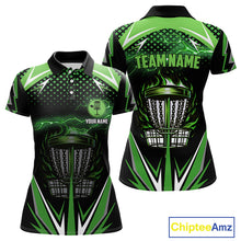 Load image into Gallery viewer, Black Women disc golf polo shirts custom green fire lightning team disc golf jersey, unique golf gift NQS10172