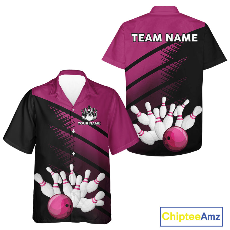 Black and Pink Bowling Hawaiian shirt Custom name bowling team league button up shirt NQS10177