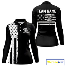 Load image into Gallery viewer, Black and White American Flag Womens Disc golf polo shirts Custom patriotic team disc golf jerseys NQS10017