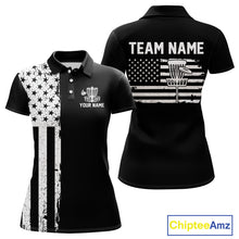 Load image into Gallery viewer, Black and White American Flag Womens Disc golf polo shirts Custom patriotic team disc golf jerseys NQS10017