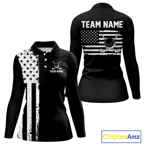 Black and White American Flag Women golf polo shirts Custom name patriotic team golf uniform NQS10018