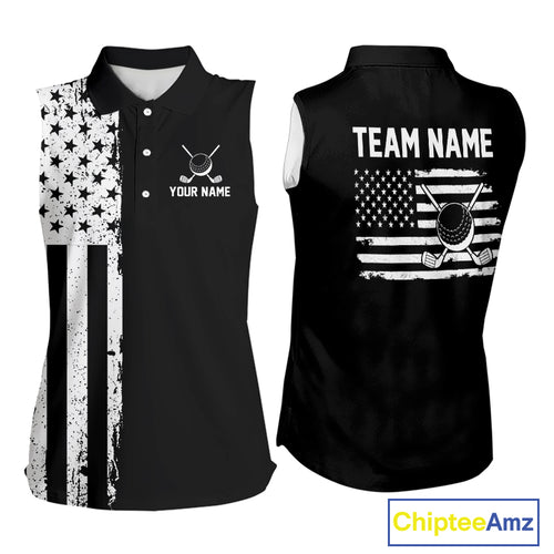 Black and White American Flag Women Sleeveless golf polo shirts Custom patriotic team golf uniform NQS10018