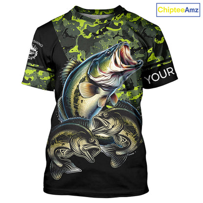Bass fishing black green camo personalized custom sun protection long sleeve fishing shirts NQS3820