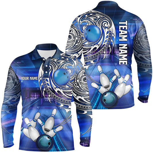 Personalized Blue tribal pattern custom bowling Polo, 1/4 zip shirts for men, cool bowling jerseys NQS8339