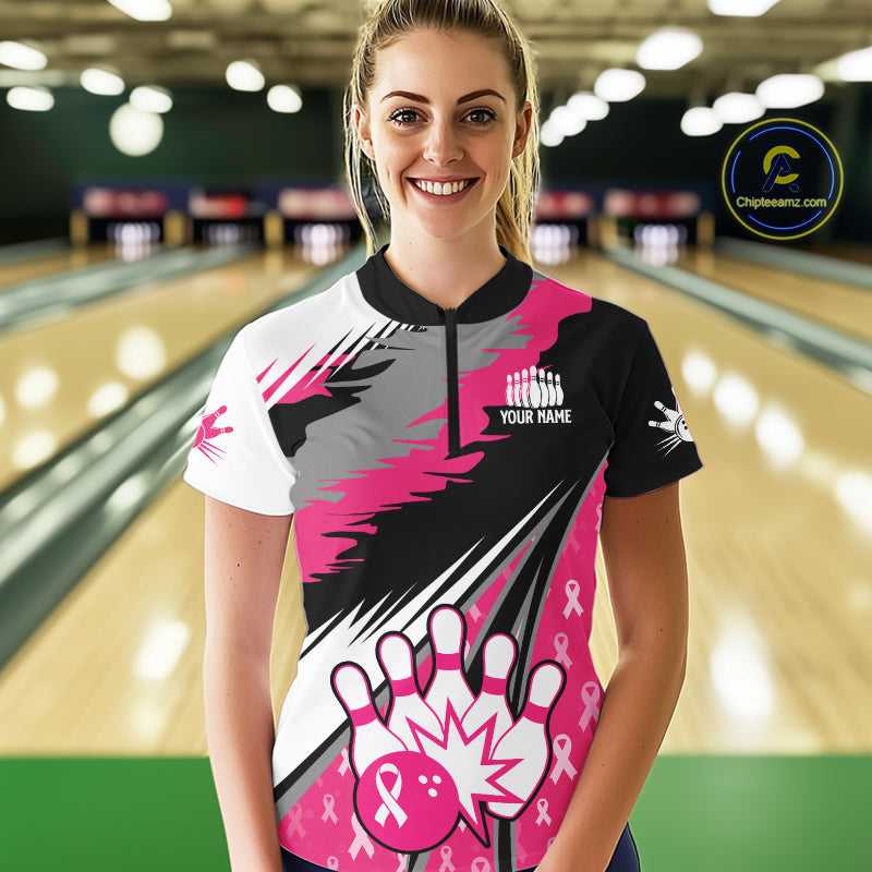 Women bowling shirts Custom pink ribbons pattern Bowling Team Jersey, Breast cancer shirt for Bowler NQS10515