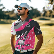 Load image into Gallery viewer, Mens golf polo shirt Custom pink ribbon pattern mens golf clothes, Breast cancer shirt for golfer NQS10516