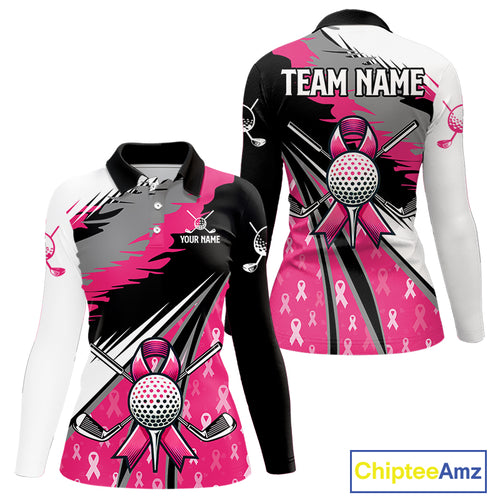 Women golf polo shirt Custom pink ribbon pattern ladies golf clothes, Breast cancer shirt for golfer NQS10516