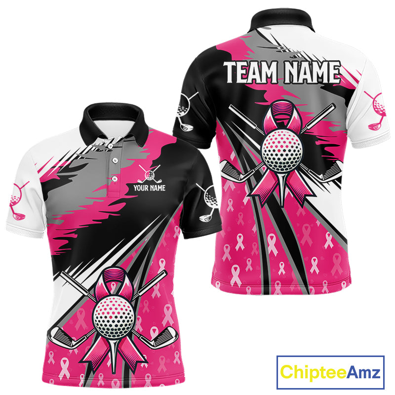 Mens golf polo shirt Custom pink ribbon pattern mens golf clothes, Breast cancer shirt for golfer NQS10516
