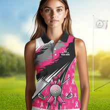 Load image into Gallery viewer, Sleeveless polo shirt Custom pink ribbon pattern ladies golf clothes, Breast cancer shirt for golfer NQS10516