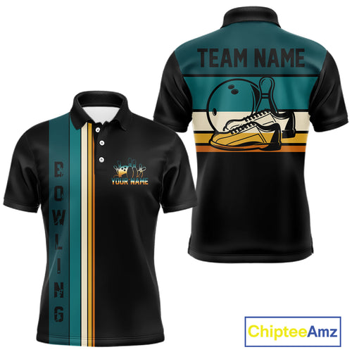 Black and Green Retro Bowling Polo, Quarter Zip Shirts for Men Custom Team Bowling League Jerseys NQS10744