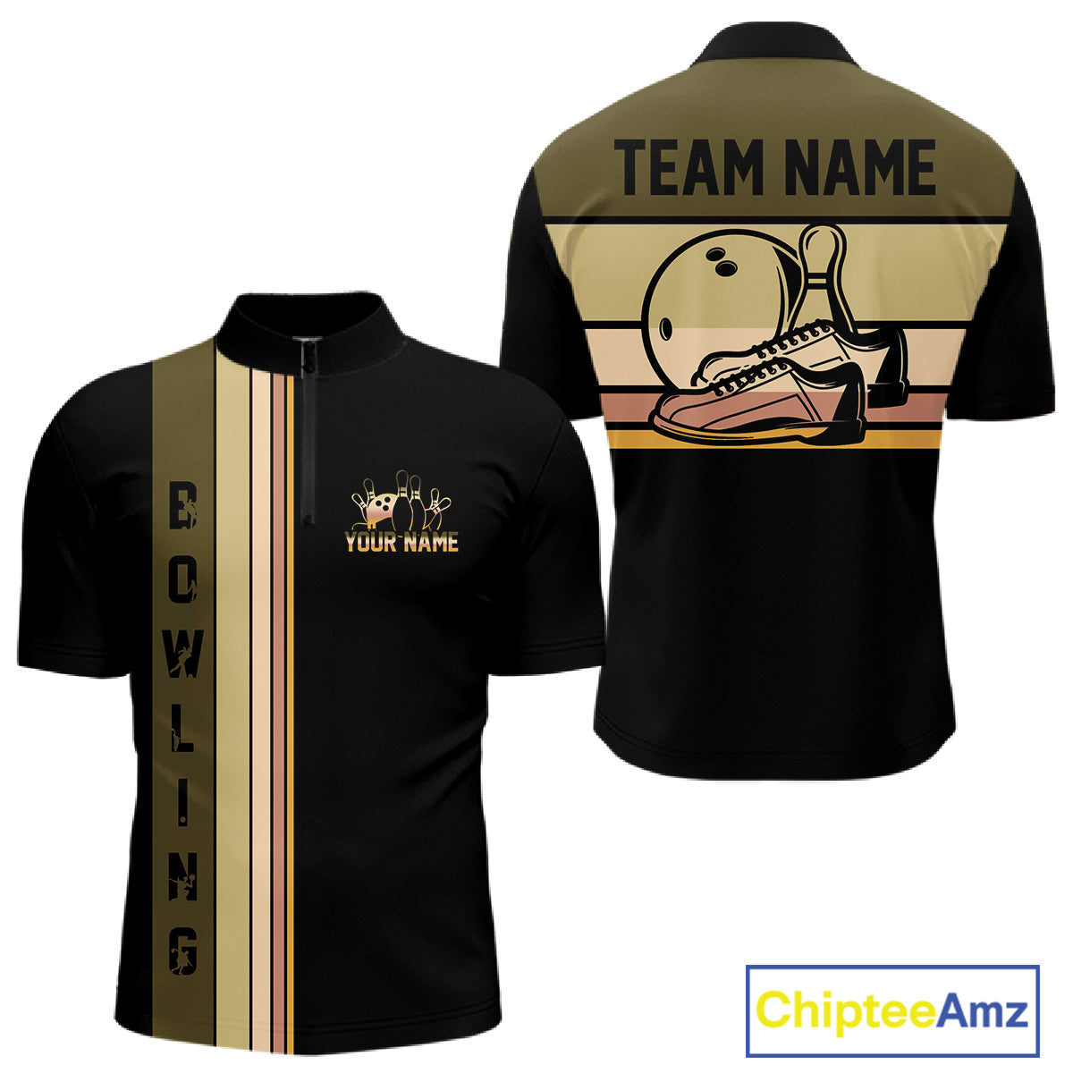 Black and Retro Bowling Polo, Quarter Zip Shirts for Men Custom Team Bowling League Jerseys NQS10745