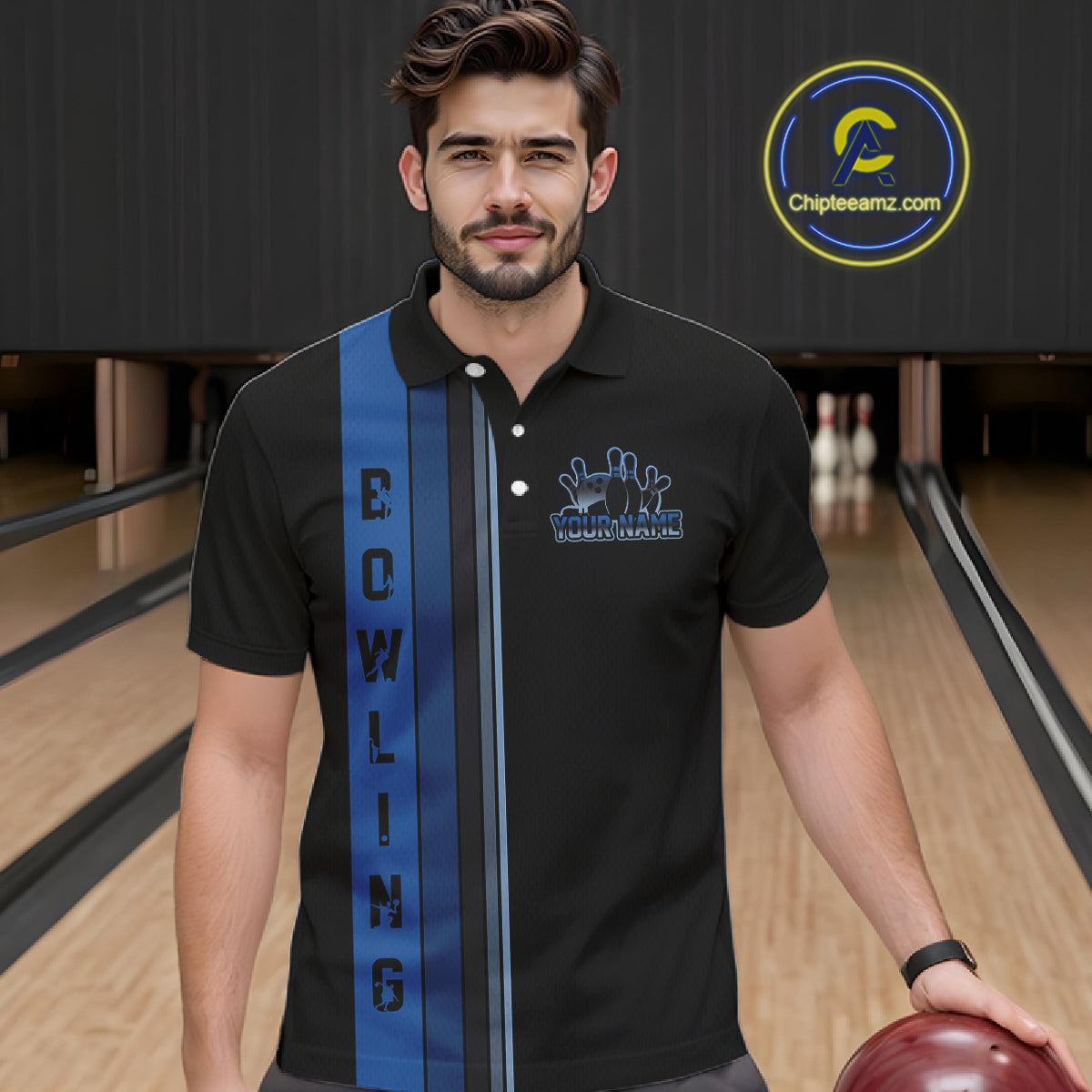 Black and Blue Retro Bowling Polo, Quarter Zip Shirts for Men Custom Team Bowling League Jerseys NQS10746