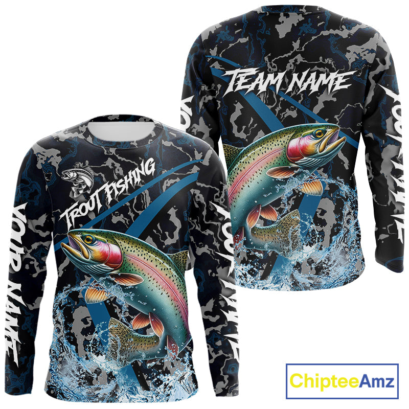 Custom Rainbow Trout Fishing Camo Long Sleeve Fishing Shirts, Personalized Trout Fishing Team Jerseys NQS11330