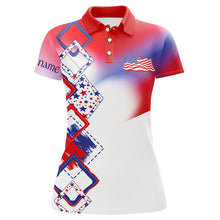 Load image into Gallery viewer, Womens golf polo shirt custom name red, white and blue American Flag golf shirt, patriot golfing gifts NQS7918