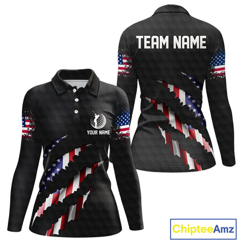 Personalized American Flag Women golf polo shirt, Custom Patriotic Golf Team Shirts For ladies| Black NQS10178