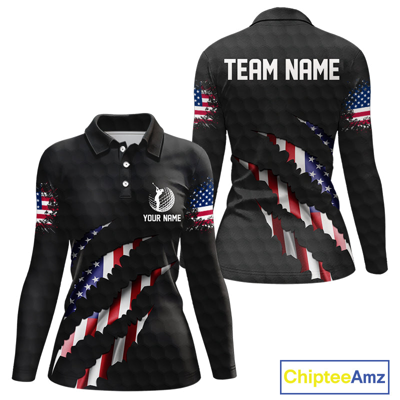 Personalized American Flag Women golf polo shirt, Custom Patriotic Golf Team Shirts For ladies| Black NQS10178