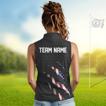 Personalized American Flag Women sleeveless polo shirt, Patriotic Golf Team Shirts For Ladies | Black NQS10178