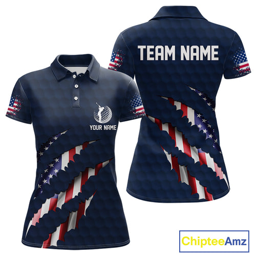 Personalized American Flag Women golf polo shirt, Patriotic Golf Team Shirts For ladies | Navy Blue NQS10179