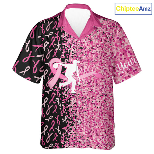 Pink glitter ribbon black Bowling Hawaiian shirt Custom Breast cancer bowling shirt gift for bowlers NQS10180