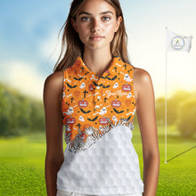 Load image into Gallery viewer, Personalized funny orange Halloween pattern Women sleeveless golf polo shirts best ladies golf wears NQS10314