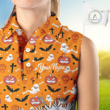 Load image into Gallery viewer, Personalized funny orange Halloween pattern Women sleeveless golf polo shirts best ladies golf wears NQS10314