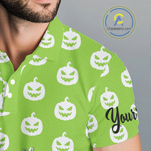 Load image into Gallery viewer, Personalized funny green pumpkin Halloween pattern mens golf polo shirts best mens golf wears NQS10316