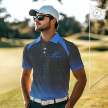 Load image into Gallery viewer, Mens golf polo shirts custom black and blue hexagon pattern golf outfits men, cool golf gifts NQS10317