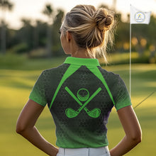 Load image into Gallery viewer, Women golf polo shirts custom black and green hexagon pattern golf outfits ladies, cool golf gifts NQS10318