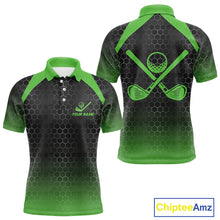 Load image into Gallery viewer, Mens golf polo shirts custom black and green hexagon pattern golf outfits men, cool golf gifts NQS10318