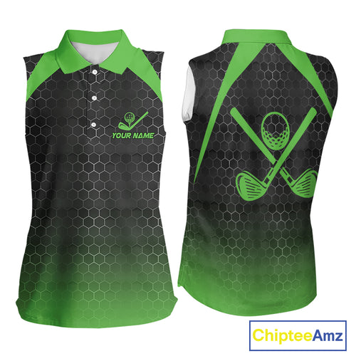Women sleeveless polo shirt custom black and green hexagon pattern golf outfit ladies, cool golf gift NQS10318