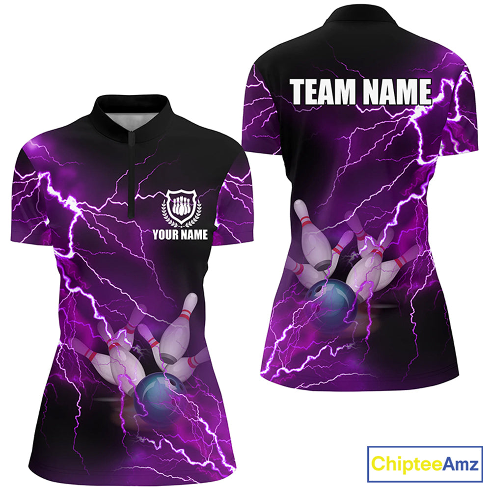 Womens bowling Quarter Zip shirt Custom purple lightning thunder Bowling Team Jersey, gift for Bowlers NQS6220
