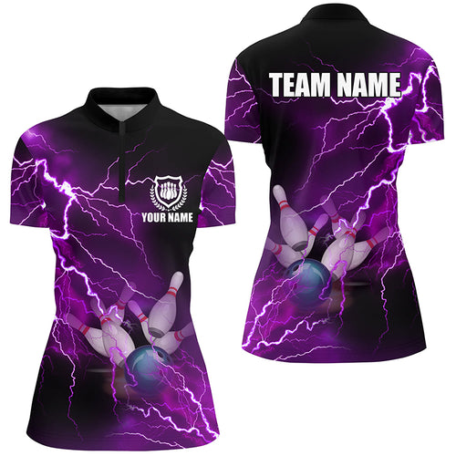 Womens bowling Quarter Zip shirt Custom purple lightning thunder Bowling Team Jersey, gift for Bowlers NQS6220