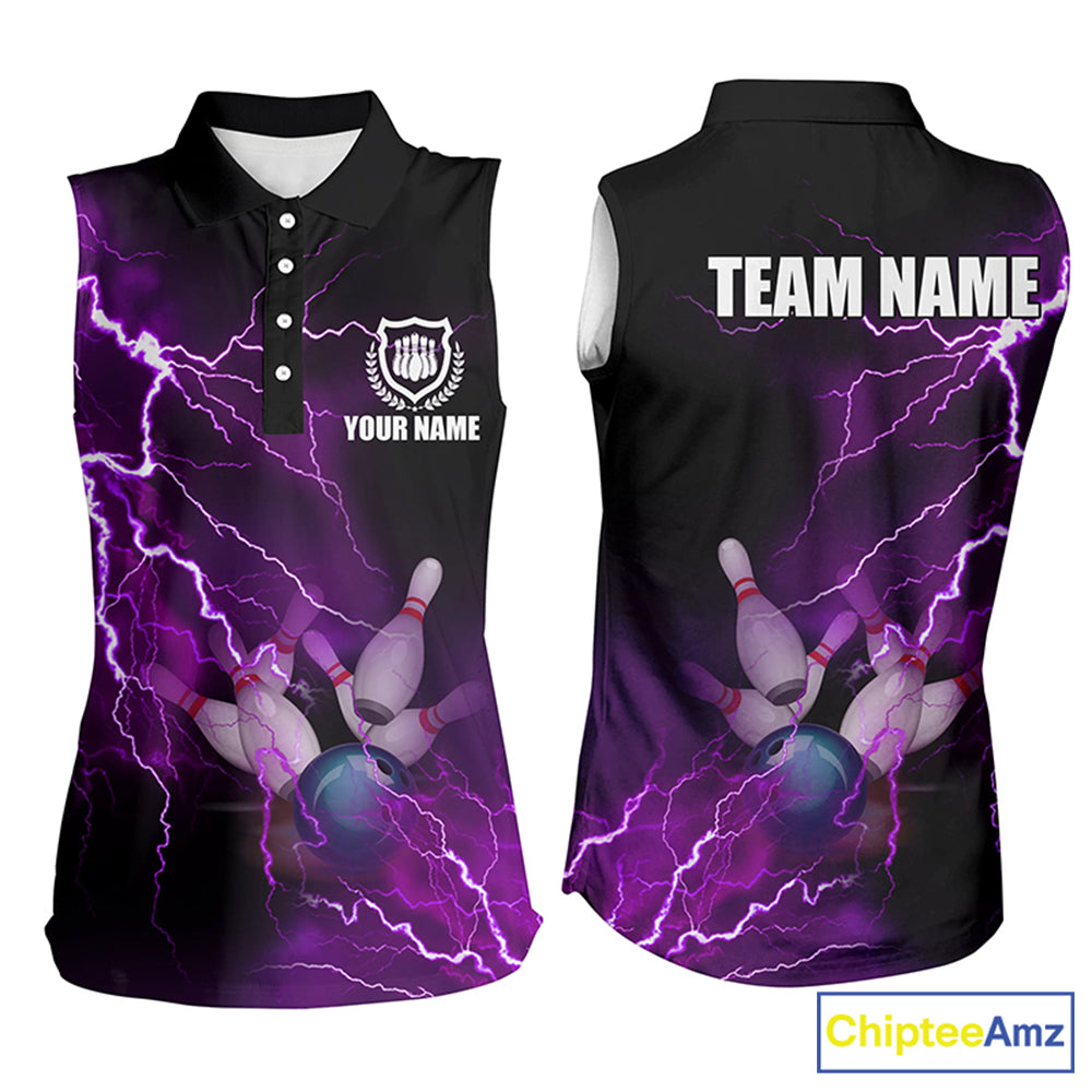 Women bowling sleeveless polo shirts Custom purple lightning thunder Bowling Team Jersey NQS6220