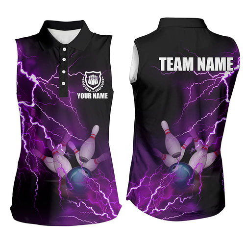 Women bowling sleeveless polo shirts Custom purple lightning thunder Bowling Team Jersey NQS6220