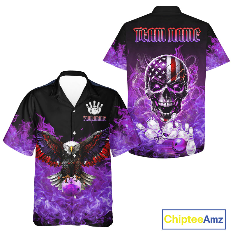 Purple Flame Smoke American Flag Eagle Skull Bowling Hawaiian shirt Custom Patriot Team Bowler Shirt NQS10525