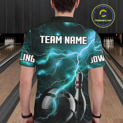 Cyan Blue Lightning Thunder Black Bowling Polo, 1/4 zip Shirt for Men custom bowling team jerseys NQS10529